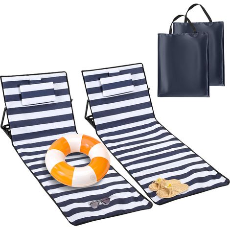 Jiubiaz 2x Strandmatte mit Rückenlehne Gepolstert klappbar UV-beständig Tasche Reißverschluss Kissen Tragegurt Garten Camping Picknick Liegematte 158 x 55cm, Blau-weiß gestreift