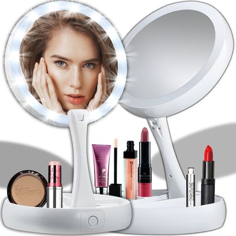 Miroir de maquillage cosmétique avec éclairage LED, 2 faces, rotation à 360°, pliable, grossissement x10, 3 compartiments, blanc (1/5)