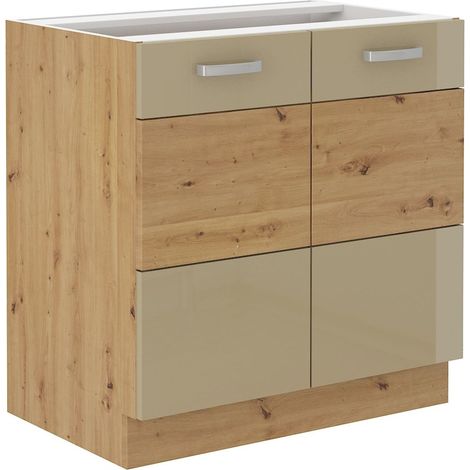 Unterschrank 80 cm Eiche Artisan + Cappuccino Hochglanz Küchenzeile Küchenblock (1/4)