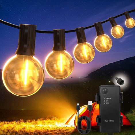 Guirlande lumineuse à piles d'extérieur : 5000 mAh rechargeable à piles G40 LED – Étanche 12 m, ampoule décorative avec minuteur, portable pour jardin, tonnelle, camping (1/5)