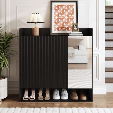 Meuble à chaussures 3 portes avec miroir pleine hauteur et étagères réglables, 110 x 35,5 x 110 cm, PB+MDF, noir
