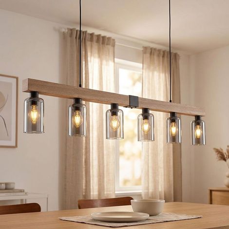 Lampada a sospensione effetto legno lampada da tavolo da pranzo 6 fiamme lampada a sospensione soggiorno, vetro fumé metallo nero, 6x E27, LxH 140x120 cm (1/5)