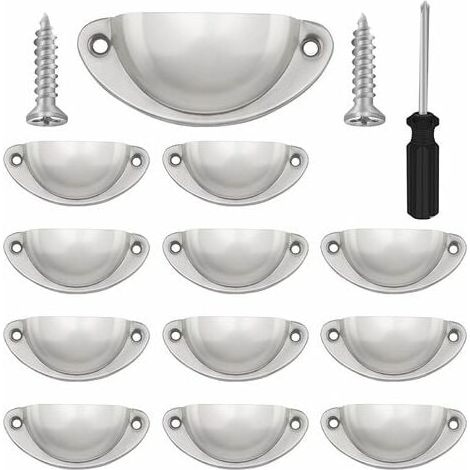 royaluxe - Lot de 12 Poignées de Tiroir Vintage, Poignées de Meubles Traditionnelles en Demi Lune, Poignées de Coquille pour Placard, Armoire, Commode, Vis et Tournevis Incluses(Argent) (1/4)
