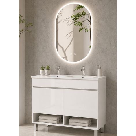 Meuble de salle de bain avec pieds avec vasque extra-plat ORIGENBATH NEBARI sur pieds avec portes sans miroir 120x45 cm double vasque blanc