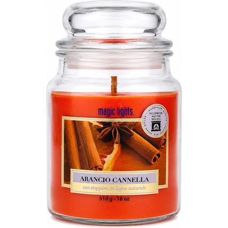 Bougie Giara 510 gr Orange Cannelle avec cire végétale min. 75% - mèche en bois naturel qui éclate, Made in Italy (1/5)