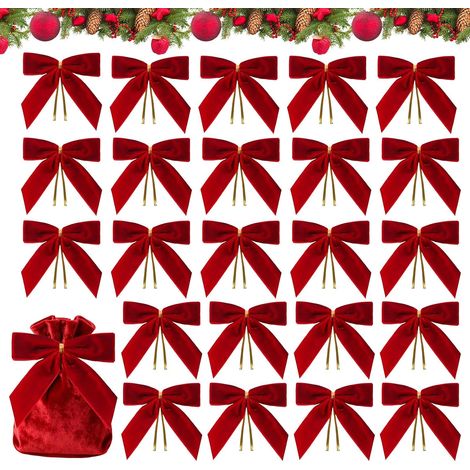 Generico Lot de 24 petits ornements de Noël en velours rouge pour sapin de Noël avec nœuds pour sac de confiserie, artisanat, fête, mariage, maison, guirlande (1/5)