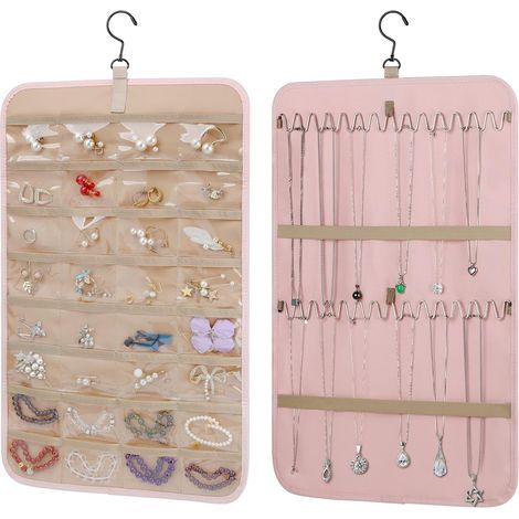 Organizador de joyas colgante enrollable con colgador giratorio de 360 grados, organizador de joyas colgante de doble cara. (1/4)