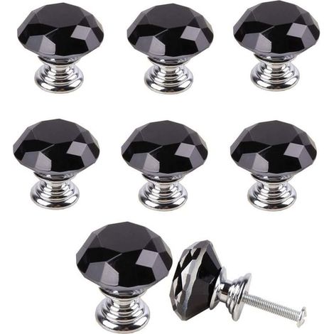 Poignée de meuble en forme de diamant de 30 mm, poignée en verre cristal pour tiroirs et portes de meubles, lot de 10 (noir) (1/5)
