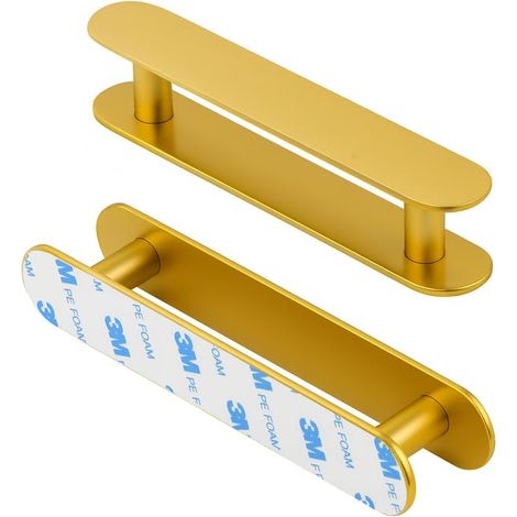Lot de 2 poignées de porte autocollantes en acier inoxydable 304 brossé Doré Poignée d'armoire design sans perçage pour portes et tiroirs Adhésif 3M (1/5)