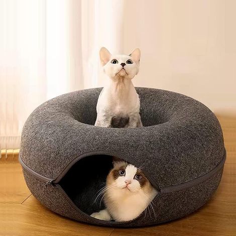 Grotte Tunnel pour Chat en Feutre Gris Design Donut Confortable et Ludique (1/5)