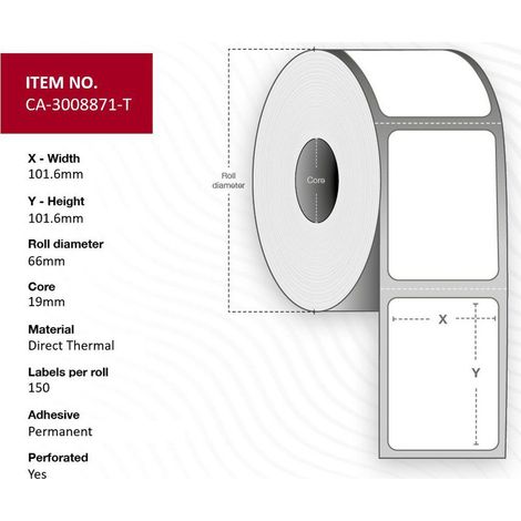 Etiquetas térmicas Capture de 101,6 x 101,6 mm, sin recubrimiento, adhesivo permanente, núcleo de 19 mm, diámetro exterior de 66 mm, perforadas, marca Black, 150 unidades, CA-3008871-T