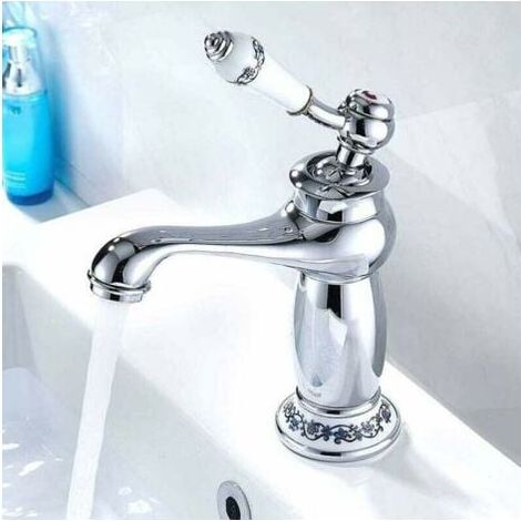 Mitigeur Robinet Lavabo Laiton Céramique Évier Robinet Noir et Blanc en Porcelaine À Long Cou Vintage Floral avec l'entrée Robinet d'eau Froide/Chaude Cuisine Salle de bain (chromé), (1/4)