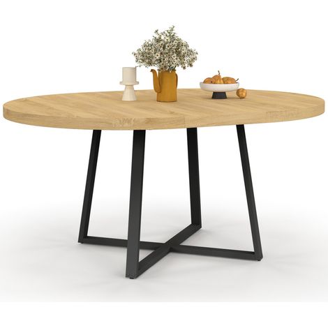 Idmarket – Table à manger extensible ronde 4-8 personnes – Bois mélaminé et métal noir – Longueur 110-150 cm – Design industriel moderne