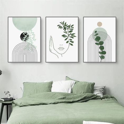 Lot de 3 posters modernes abstraits - Peinture murale naturelle sur toile - Plante verte - Décoration murale pour salon et chambre à coucher (style B, 30 x 40 cm) (1/5)