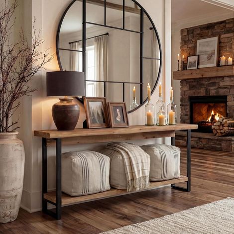 Tribesigns Console en Bois Massif à Bords Naturels pour Entrée, Style Campagnard, Table Basse étroite de 160 cm à Placer Derrière un Canapé, Pieds en Métal Robustes, Idéale pour un Hall d'entrée ou un (1/5)