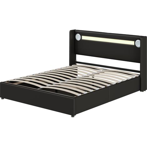 Letto contenitore 160x200 cm in similpelle nera con LED, Bluetooth, USB e rete a doghe HOMVRA (1/5)