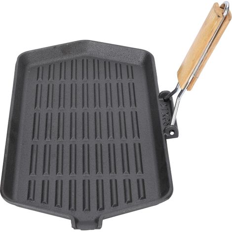 Poêle à griller 21x35 cm, pliable et portable, en fonte antiadhésive, avec poignée en bois, idéale pour la cuisson des steaks. (1/5)