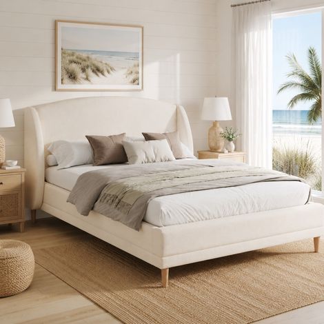 Cama tapizada 140 x 190 cm en tejido bouclé, cabecero con orejas, blanco marfil OKMYHOME (1/5)