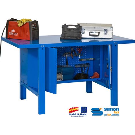 SimonRack Banco da Lavoro con Armadietto in Metallo – Piano in Acciaio 35 mm – Portata 600 kg – 830x1500x730 mm – Tavolo Fai da Te – Blu – BT-6 (1/3)
