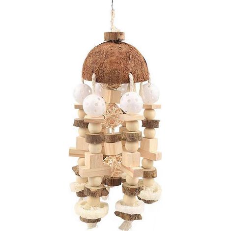 Jouet à mâcher pour perroquet, coquille de noix de coco suspendue, blocs de bois naturel, jouet à mordiller pour cage à perroquet, fournitures pour oiseaux 2025 (1/5)