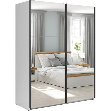 Pegane – Armoire coulissante avec miroir blanc brillant – Longueur 153,5 cm – Profondeur 60 cm – Hauteur 195,5 cm – 2 étagères coulissantes (1/4)