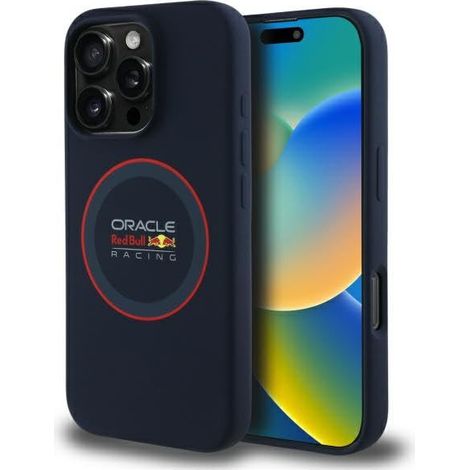 Coque rigide Red Bull RBHMP16X24SIILVR pour iPhone 16 Pro Max 6,9 pouces, en silicone bleu marine avec anneau rouge et compatible MagSafe.