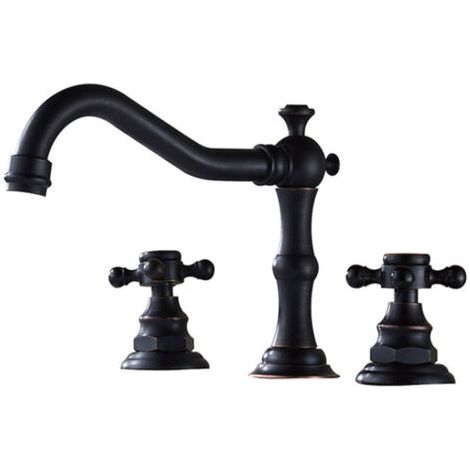 Robinet de salle de bains à 3 trous, robinet de lavabo de salle de bains en laiton Antique noir mat à double poignée, robinet de salle de bains Vintage (1/4)
