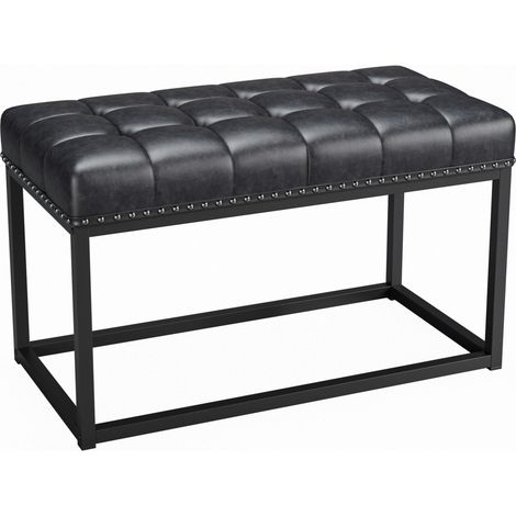 Panca vintage imbottita 90 cm in similpelle nera capitonné con struttura metallica industriale (1/5)