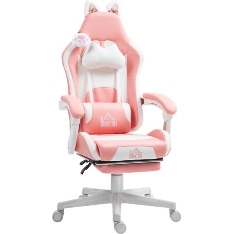 Fauteuil de gaming ergonomique rose avec support lombaire, repose-pieds, oreilles de chat amovibles et fonction inclinable (1/5)