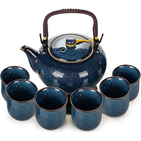 Service à thé en céramique, théière de 600 ml et 6 tasses de 120 ml, service à thé changeant de four, théière asiatique pour les amateurs de thé, bleu (1/5)