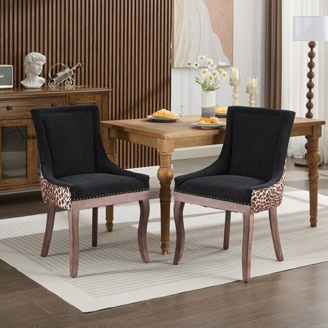 Lot de 2 chaises de salle à manger, 61x55x92.5 cm, chaise de cuisine capitonnée et chic pour salon, tissu chenille pieds avec rivets , Léopard (1/5)