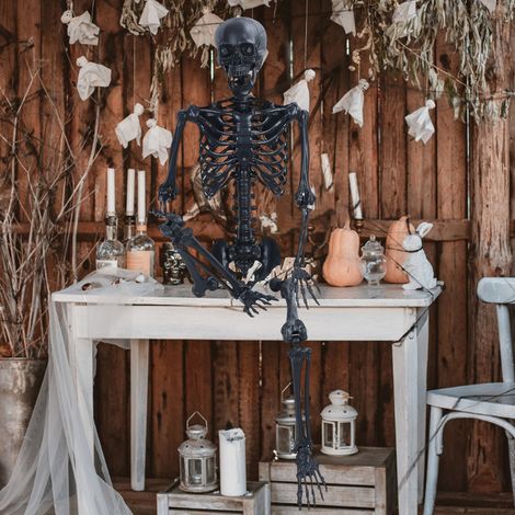 FIANAO – Squelette Halloween grandeur nature 165 cm – articulations mobiles, aspect réaliste – noir (1/5)