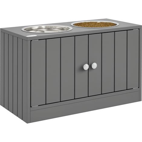 Station d'alimentation agrandie – 2 gamelles acier inoxydable – Espace rangement 44 L – Portes magnétiques – Pour grands chiens – Grise