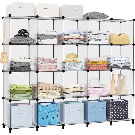 Étagère de Rangement avec 20 Casiers, Meuble de Rangement, Etagères Empilables en Plastique, Bibliothèque, Armoire de Rangement Modulaire pour Livres, Vêtements, Jouets, Transparent (1/5)