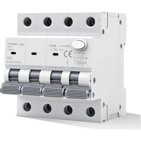 Disjoncteur différentiel 30mA 40A Type A 3P+N RCBO 6KA Interrupteur Différentiel 40A MCB AC 400V avec protection contre les courants de fuite, les surcharges et les courts-circuits (1/5)