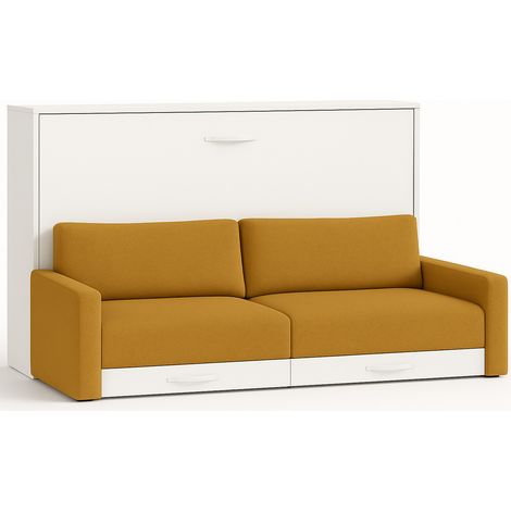 Lit escamotable horizontal avec canapé tissu Vetal 140x200-Canapé Moutarde-Structure,Façade Blanche (1/5)