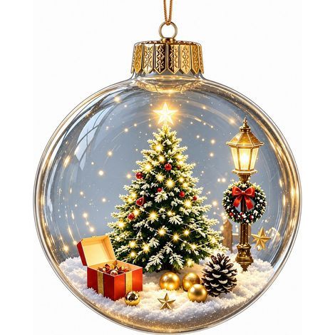 Boule à neige lumineuse en acrylique transparent, ornement de Noël 3D à suspendre au sapin, représentant le Père Noël et son traîneau de rennes. (1/5)