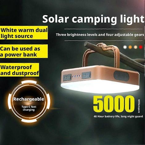 Lampe solaire COB portable rechargeable pour le camping, étanche, à suspendre, pour la randonnée, la pêche et les situations d'urgence à la maison. Crochet de suspension. (1/3)
