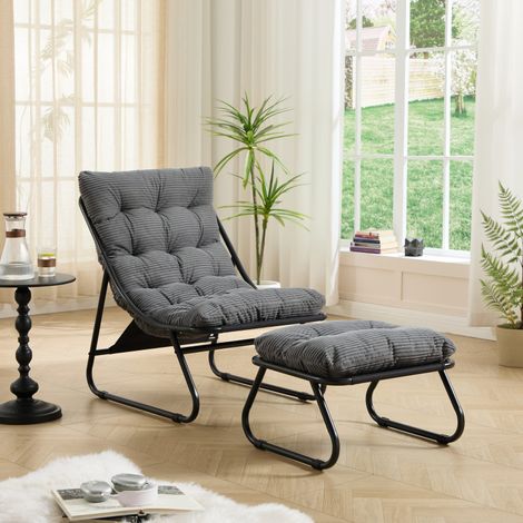 Fauteuil jardin repose-pieds – Inclinable – Coussin gris – Noir – Salon/Chambre/Lecture – Confort (1/5)