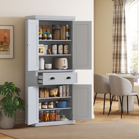 Armoire de cuisine - HOMCOM - multi-rangements étagères réglables 4 portes et grand tiroir - 76,2 x 40,2 x 183 cm - gris