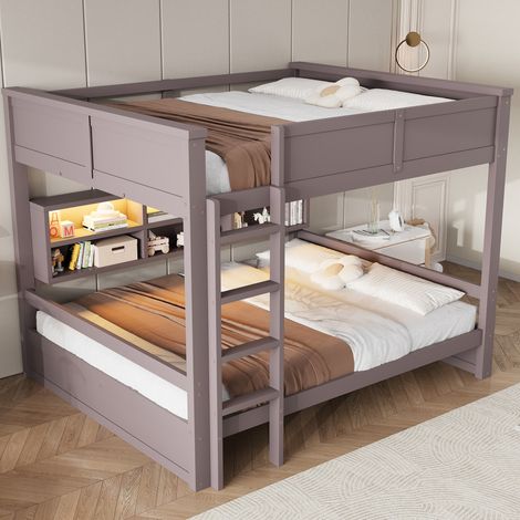 Etagenbett modern aus Kiefer massiv und MDF Braun 160x200 cm mit LED-Kopfteil, 6 Stauraumfächern und Lattenrost (1/5)