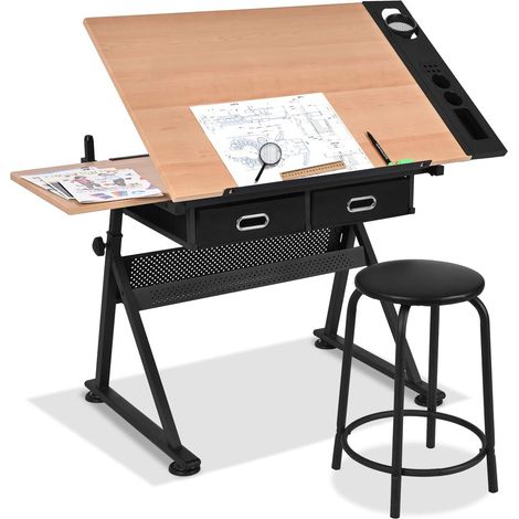 Goplus – Table à dessin inclinable avec tabouret rembourré – Hauteur réglable 65-90,5 cm – Plateau coulissant – 2 tiroirs – Support triangulaire pour peinture (1/5)