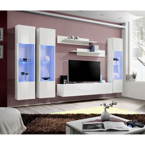 Ensemble meuble TV mural  - Fly III - 310 cm x 190 cm x 40 cm - Blanc - Livraison gratuite