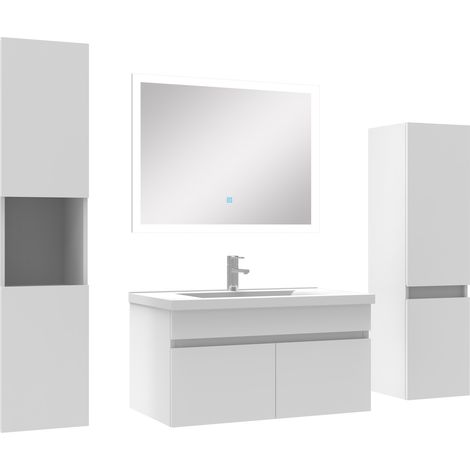 Ocean Ensemble meuble vasque 80cm + colonne de rangement + miroir lumineux Blanc