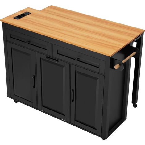 Îlot de cuisine plan de travail meuble de cuisine sur roulettes espace repas extensible compartiment poubelle multiprises intégrées (1/5)