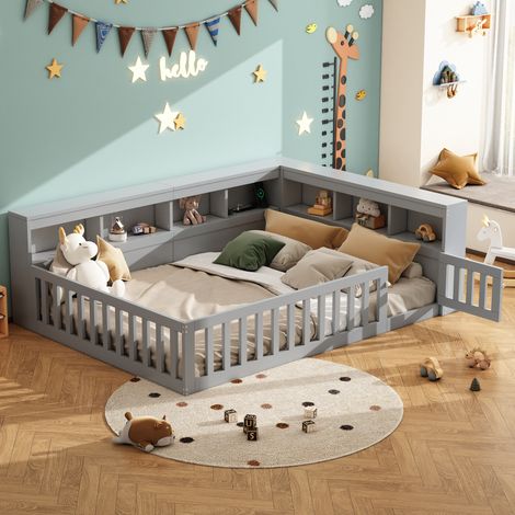Lit 140x200 avec rangement, prises USB, gris HAVRYA (1/5)