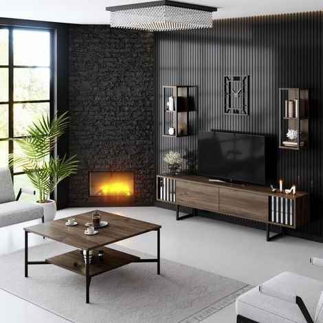 Möbelset Walnuss-Schwarz - Chrome Line - Couchtisch + TV-Möbel
