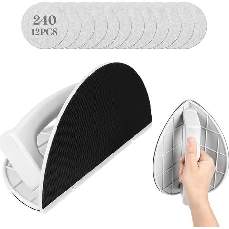 Cale à Poncer Angle Placoplâtre 220mm, Ponceuse d'angle Semi-Circulaire 90° avec 12 Disques Papier Abrasifs Grain 240 Remplaçables, Outil Manuel pour Poncer Murs, Joints, Coins (1/5)