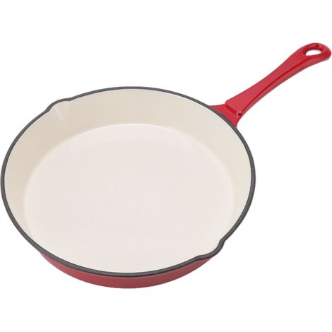 Poêle en fonte émaillée monobloc, rouge, 25 cm de diamètre, manche long, design ergonomique, idéale pour la cuisine. (1/5)
