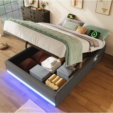 letto contenitore 90x200 LED USB senza testiera grigio HAVRYA (1/5)